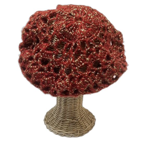 Handmade Slouchy Red & Gold Metallic Knit Beret Acrylic Winter Hat Unisex - Picture 4 of 7